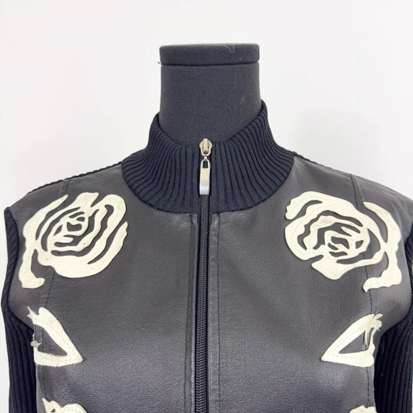 RARE VINTAGE KATHERINE BARCLAY LEATHER ZIP UP WITH ROSE LEATHER MOTIF JACKET - Picture 5 of 15